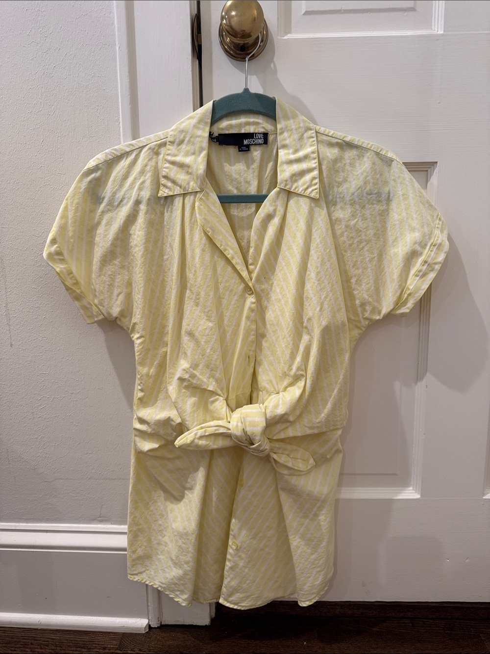 Love Moschino Pale Yellow Striped Tie-Front Casual Shirt